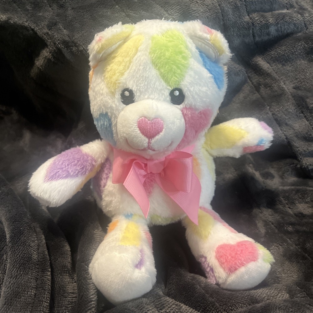 Rainbow Hearts Bear Lovey 8" Plush Inter American Products With Pink Bow EUC